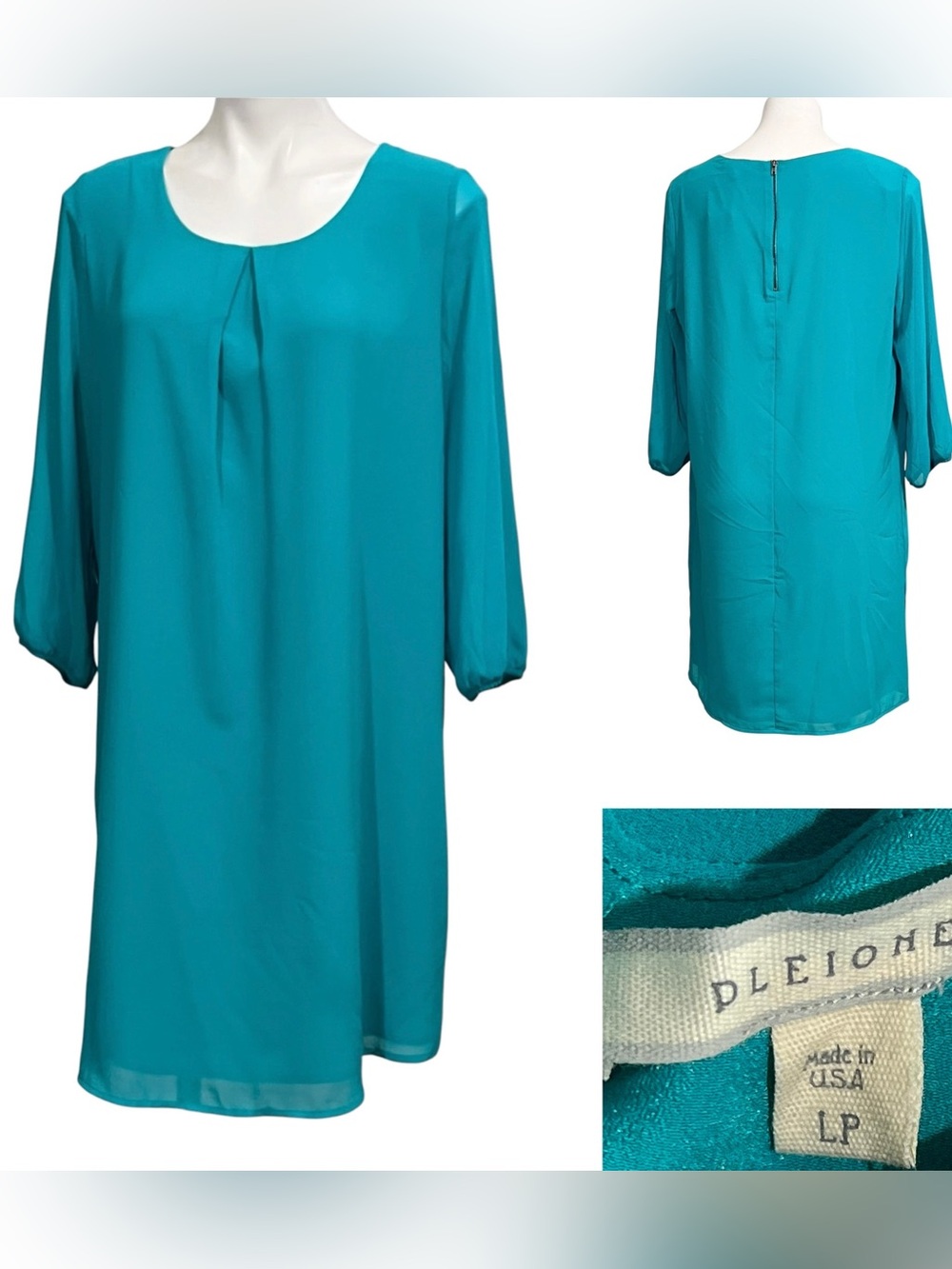 Pleione shift dress L Teal Long-Sleeve Scoop Neck knee length office fall church